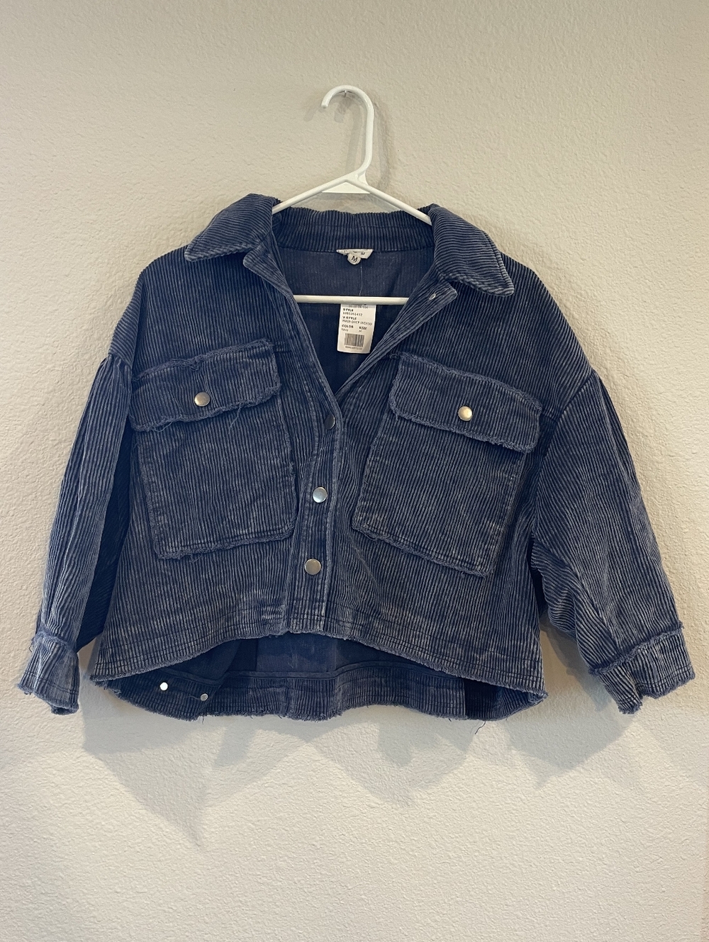 NWT POL Womens Indigo Blue Corduroy Boxy Cropped Button Up Jacket Size Medium